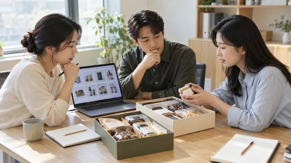행사 담당자들이 선물 후보를 검토하는 모습