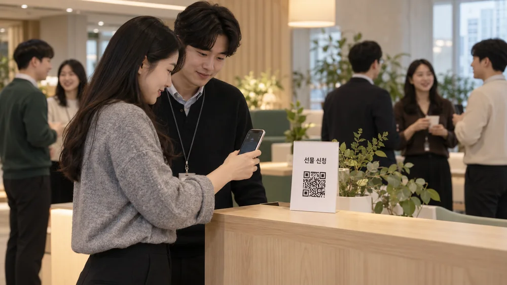 사내 행사에서 QR 안내를 확인하는 직원들