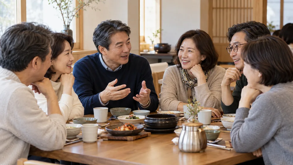 모임에서 식사를 함께하는 모습 예시
