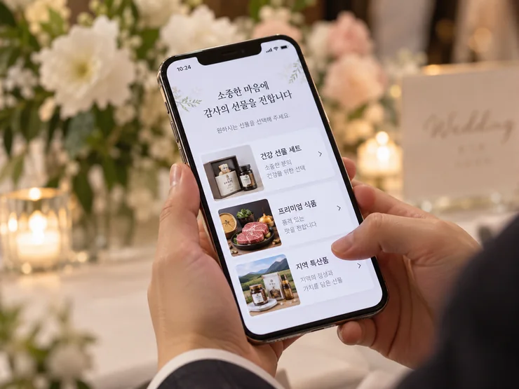 휴대폰으로 답례품 후보를 확인하고 원하는 선물을 고르는 모습