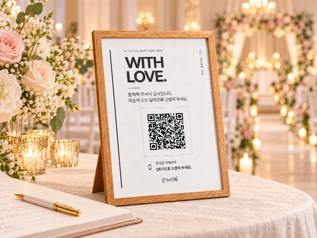 예식장 접수대의 액자에 인쇄해 둔 흑백 답례품 신청 QR