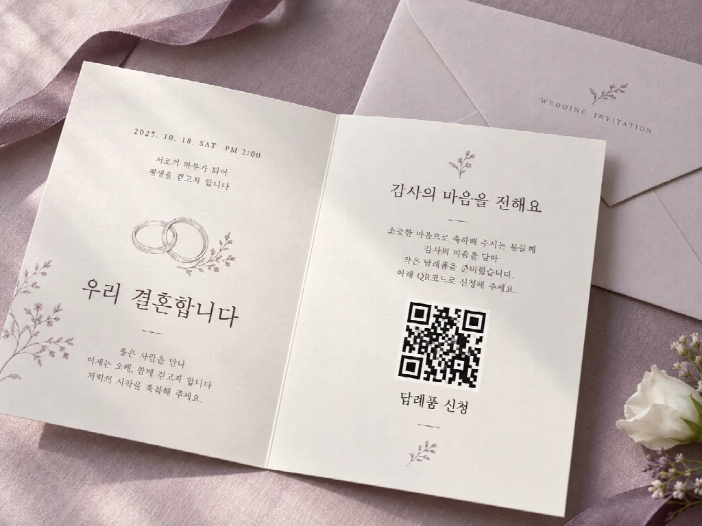 종이 청첩장 안쪽에 인쇄한 답례품 신청 QR