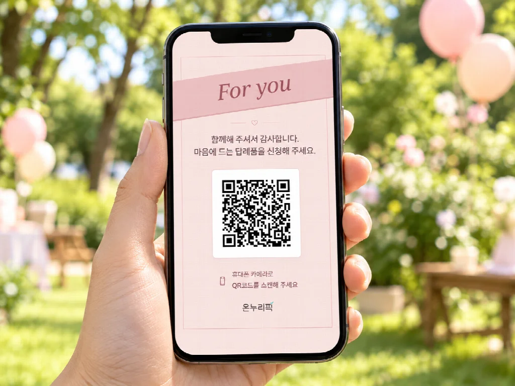 야외 행사에서 휴대폰으로 보여주는 분홍색 답례품 신청 QR